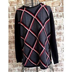 Vintage 90s Country Casuals Sweater Medium Black Gray Red Striped Wool b…